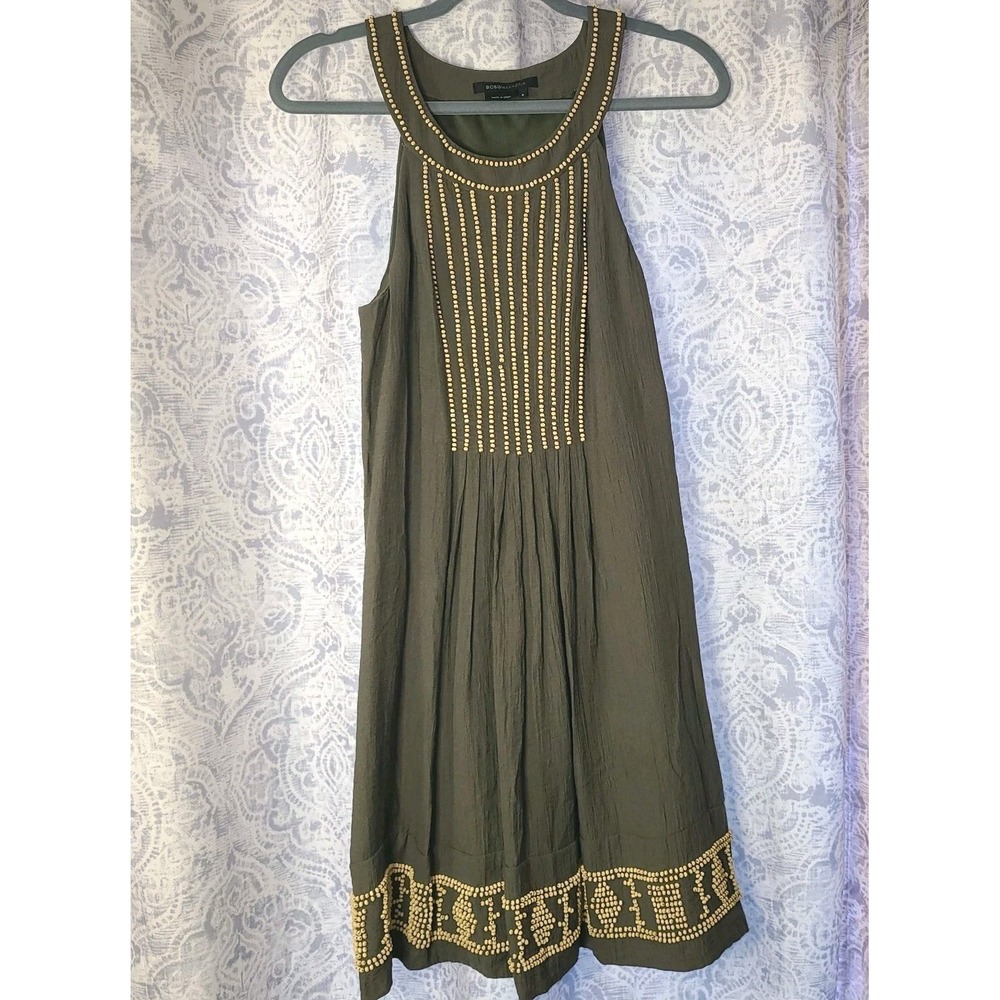 BCBG MaxAzria Wooden Beaded Sleeveless Dress Olive Green Boho Sz 4 - Picture 1 of 6